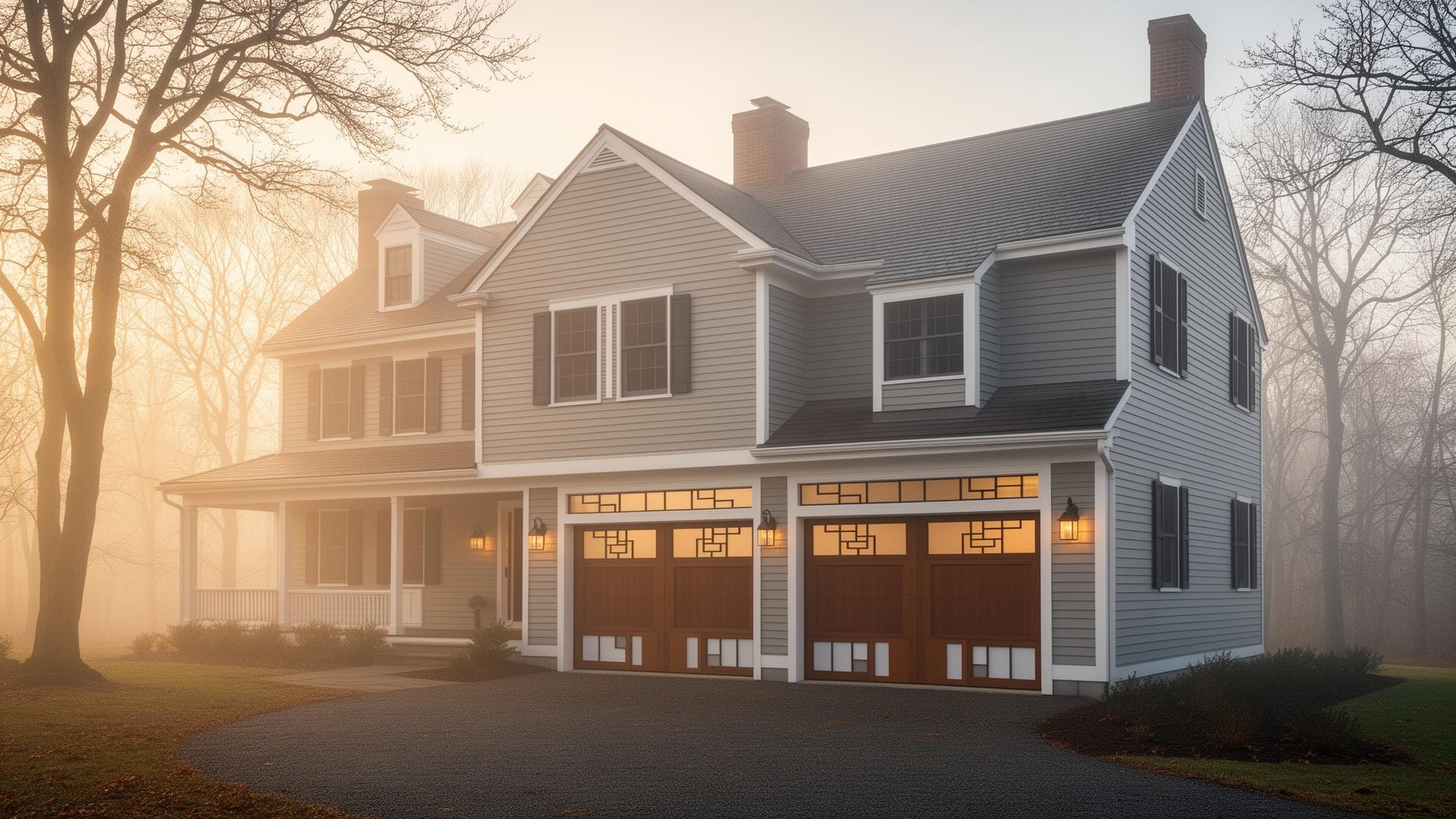 Modern mid-century garage door with geometric window patterns on colonial home in misty morning